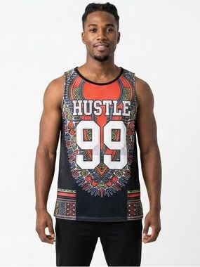“Hustle 99” Mesh Men’s Tank w/Multicolor Dashiki Print Size Small Streetwear
